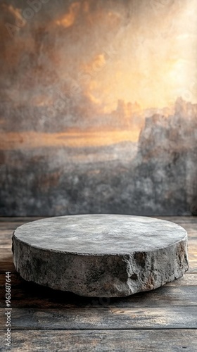 An empty round concrete platform set against a softly lit textured background, ideal for showcasing products. photo