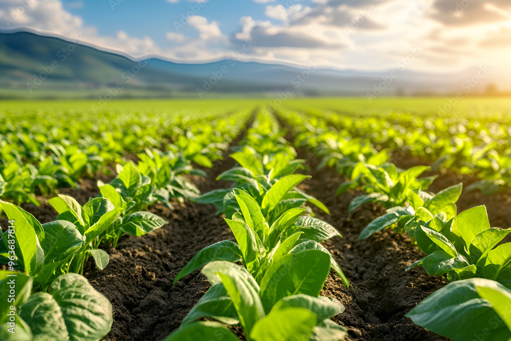 Vibrant green plants growing in a field under a beautiful sky, showcasing the beauty of agriculture and nature at sunset. Vibrant green plants growing in a field under a beautiful sky, showcasing the beauty of agriculture and nature at sunset.