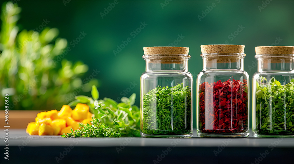 Vibrant jars of herbs and spices on a countertop, showcasing colorful natural ingredients for cooking and seasoning. Vibrant jars of herbs and spices on a countertop, showcasing colorful natural ingredients for cooking and seasoning.