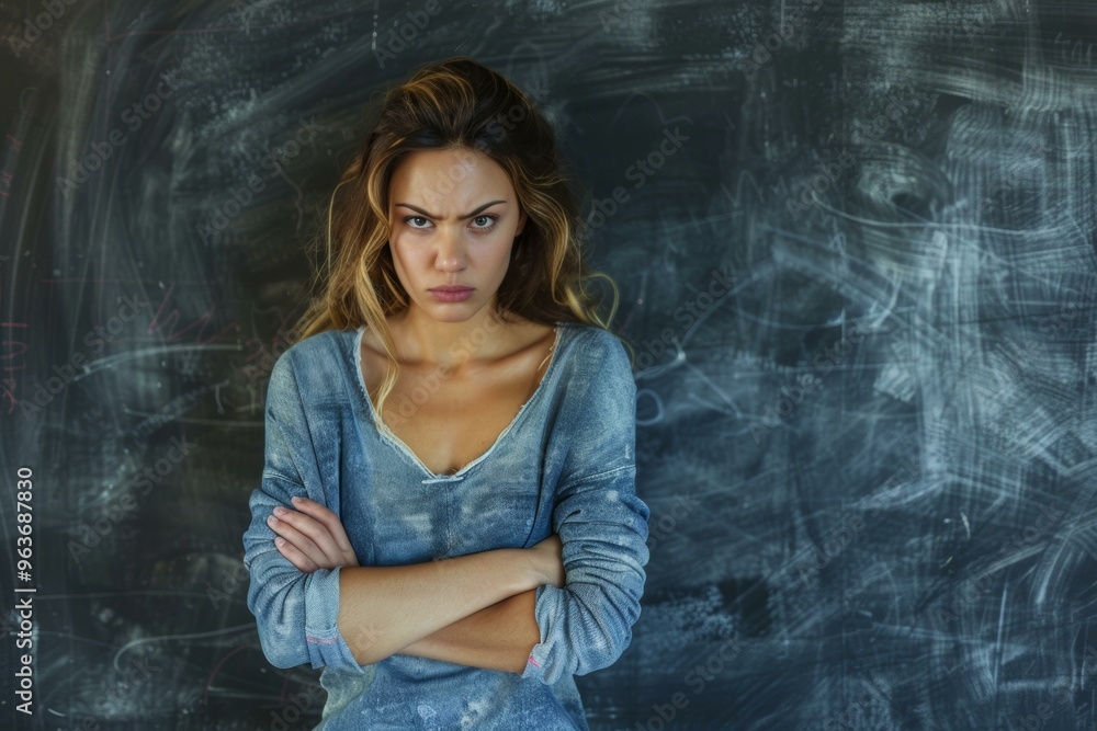 Serious female teacher with crossed arms in front of chalkboard in classroom setting showing discipline Serious female teacher with crossed arms in front of chalkboard in classroom setting showing discipline