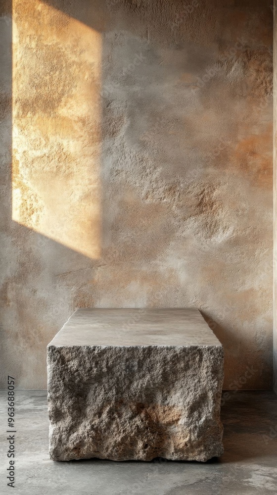 A minimalistic concrete showcase sits empty against a textured, warm-toned wall, illuminated by soft natural light. A minimalistic concrete showcase sits empty against a textured, warm-toned wall, illuminated by soft natural light.