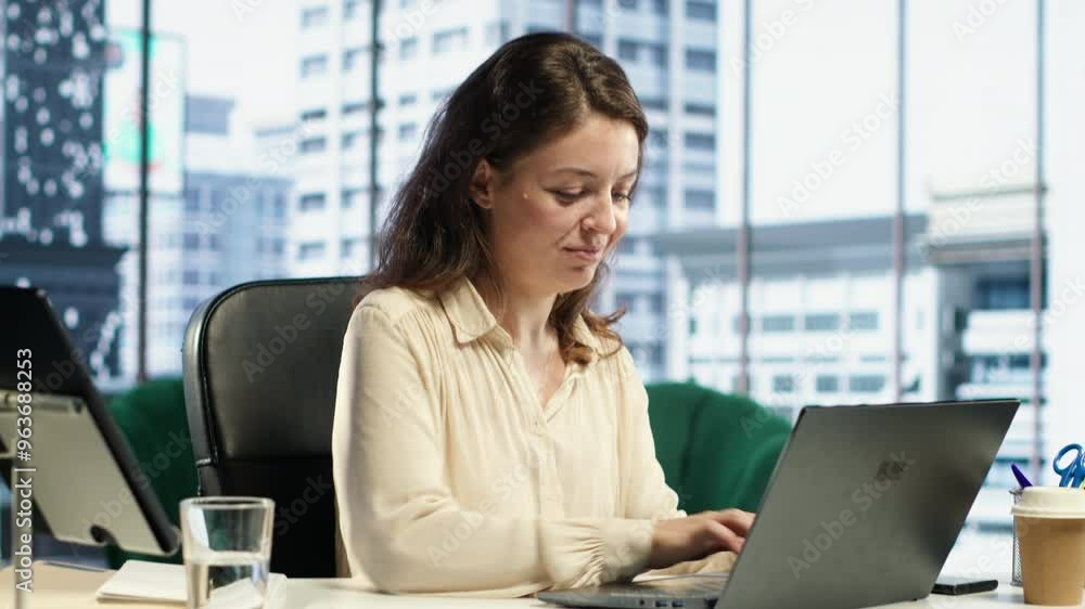 Female CEO solving her business paperwork tasks and signing documents, approving requests from employees and authorizing work contracts in her high end office. Legal management. Camera A. Female CEO solving her business paperwork tasks and signing documents, approving requests from employees and authorizing work contracts in her high end office. Legal management. Camera A.