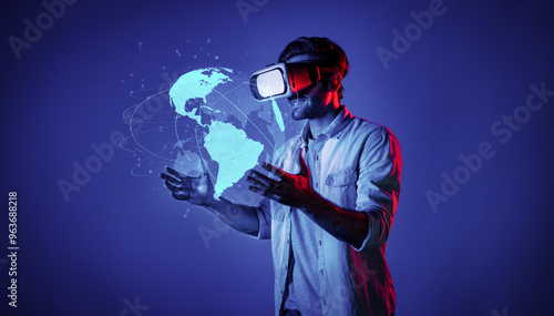 Smart man using VR goggle to connect global network connection. Happy man with casual cloth access futuristic global cloud computing server or software by wearing visual reality headset. Deviation.