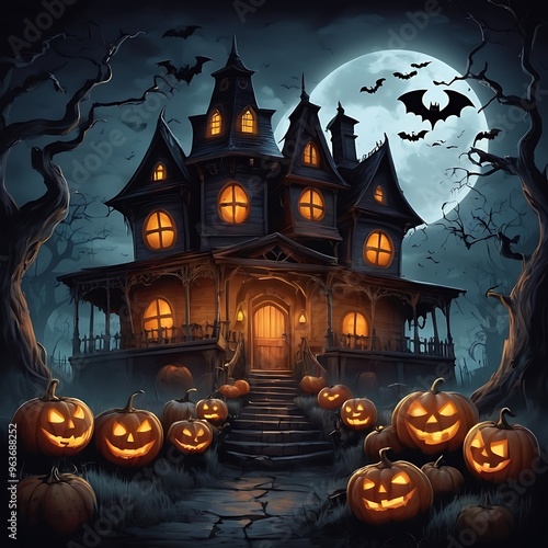 Evil pumpkins Halloween Night Scene with Bats and Haunted House, Halloween haunted mansion Halloween scary scene, Halloween house, Halloween night scene with castle