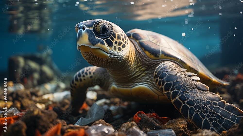 Sea turtle swims littered with plastic waste. Ocean pollution. Sea turtle swims littered with plastic waste. Ocean pollution.