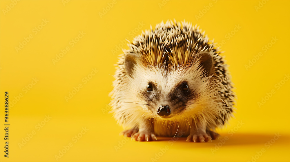 Adorable hedgehog with googly eyes sitting on a plain yellow background, looking curious and cute. Adorable hedgehog with googly eyes sitting on a plain yellow background, looking curious and cute.