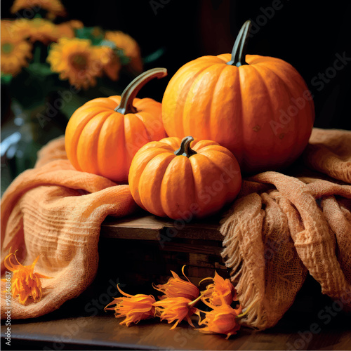 Autumn still life composition of pumpkins on a blanket. Interior decorations: orange pumpkins. Autumn scenery interior decoration. Halloween holiday decorations. Orange autumn harvest.