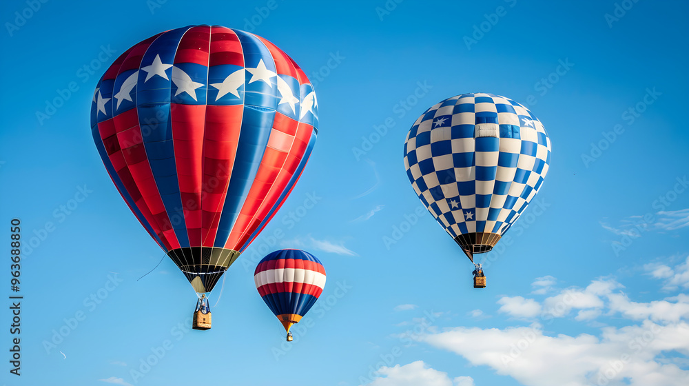 Fototapeta premium Colorful hot air balloons soar above a festival, each one uniquely decorated with vibrant designs.
