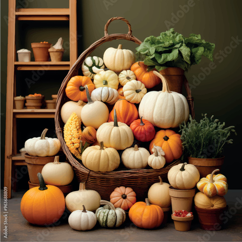 Autumn still life composition of pumpkins and flowers. Interior decorations pumpkins and flowers. Autumn scenery interior decoration. Halloween holiday decorations. Autumn harvest.