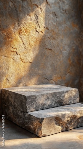 A clean granite showcase platform, designed for a marketplace display, illuminated by soft natural light against a textured wall.