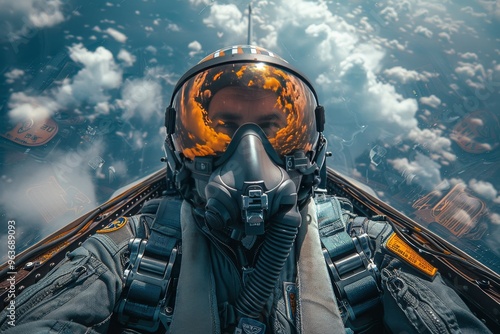 Overview of fighter pilot in cockpit during aerobatic maneuvers amidst cloudy skies photo