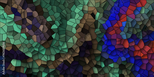 3D Abstract Seamless Multicolor Broken Stained-Glass Geometric Retro Tiles Pattern and Quartz Crystal Voronoi Diagram Background for Website, Fabric Printing, Brochures, Luxury/Premium Packaging