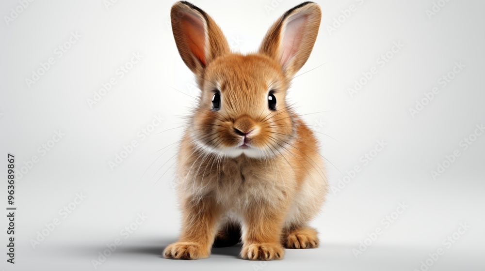 Obraz premium Studio portrait of cute rabbit isolated on transparent png background, happy bunny running on floor, adorable fluffy rabbit that sniffing.