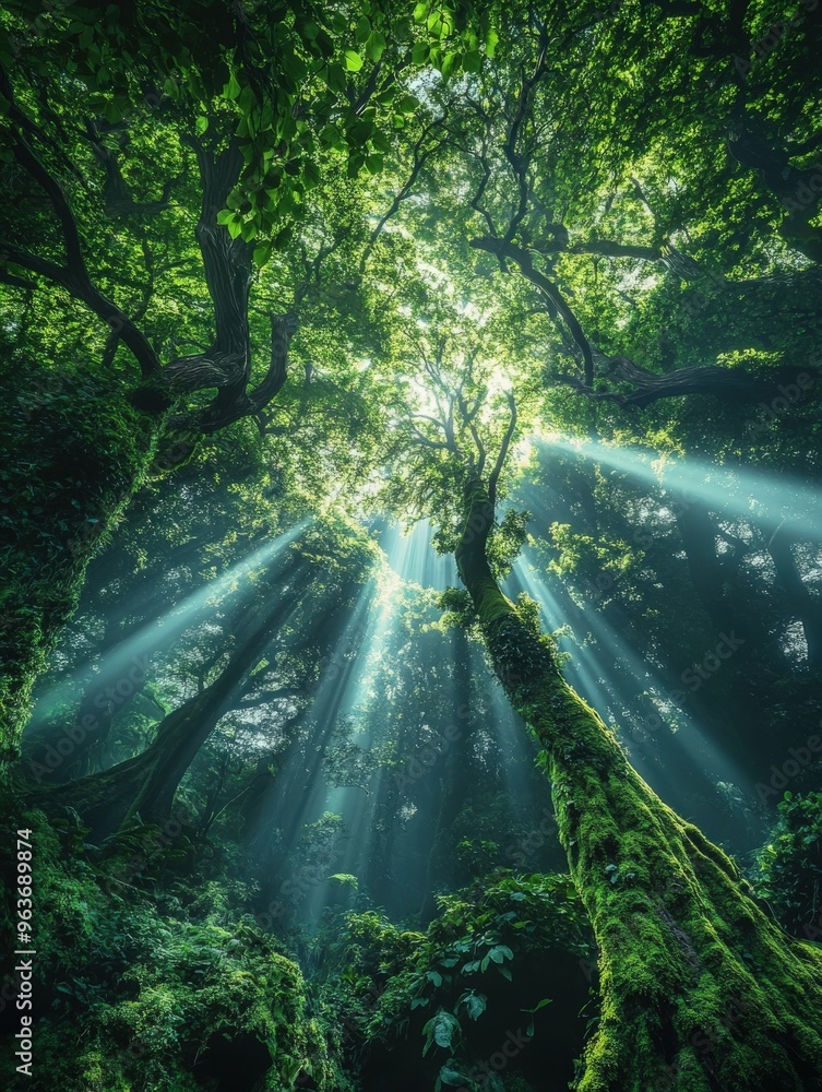 Fototapeta premium Sunbeams filtering through lush green trees in a tranquil forest