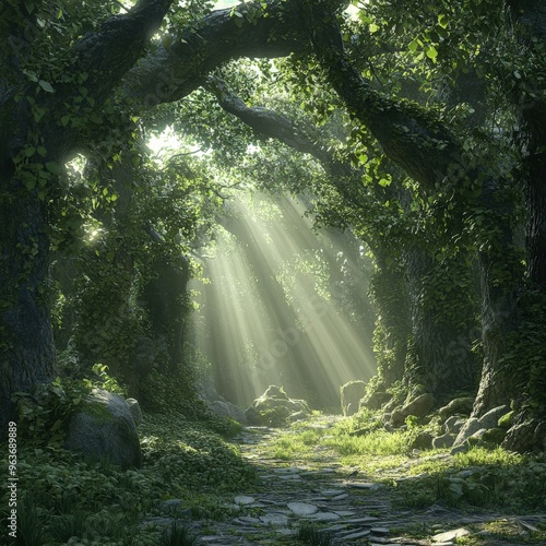 Serene forest path with sunlight streaming through the trees at dawn