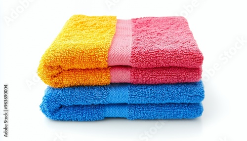 A stack of three colorful towels, yellow, pink, and blue, folded and placed on a white background.