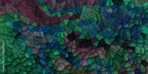 3D Abstract Seamless Multicolor Broken Stained-Glass Geometric Retro Tiles Pattern and Quartz Crystal Voronoi Diagram Background for Website, Fabric Printing, Brochures, Luxury/Premium Packaging photo