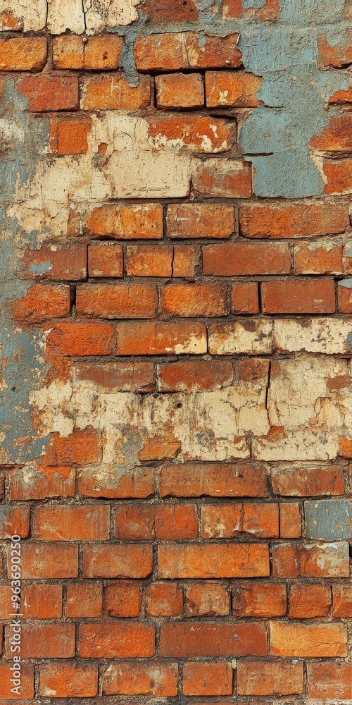 Weathered red brick wall with peeling paint in urban setting Weathered red brick wall with peeling paint in urban setting