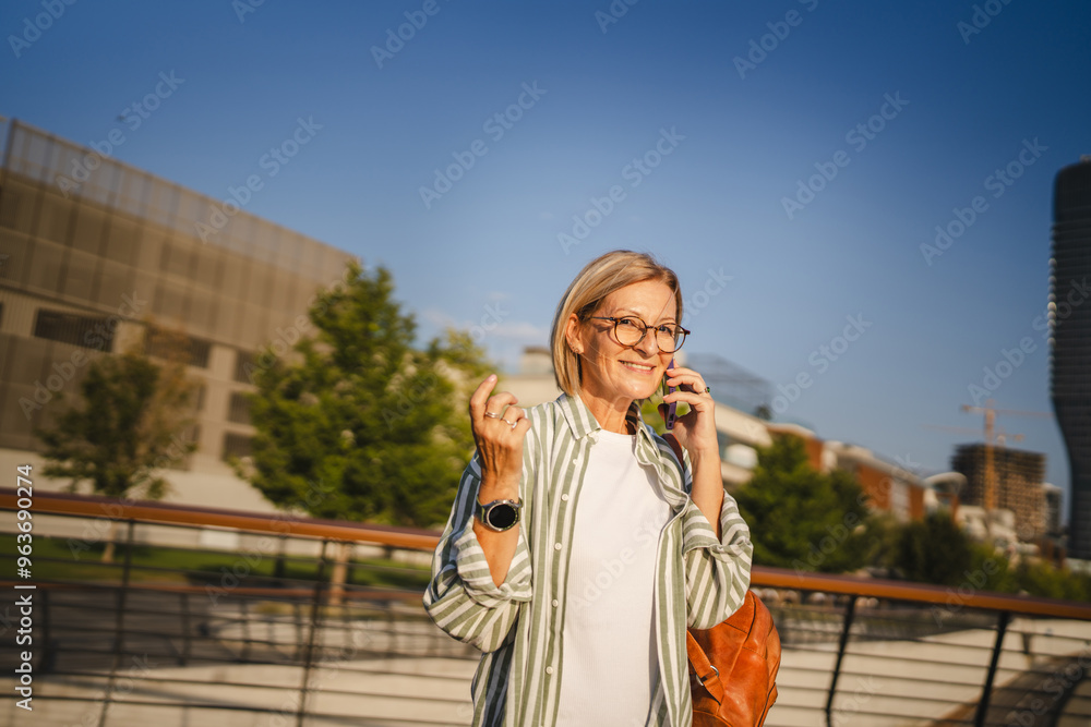 Fototapeta premium mature woman have phone call on mobile phone and stand on the bridge