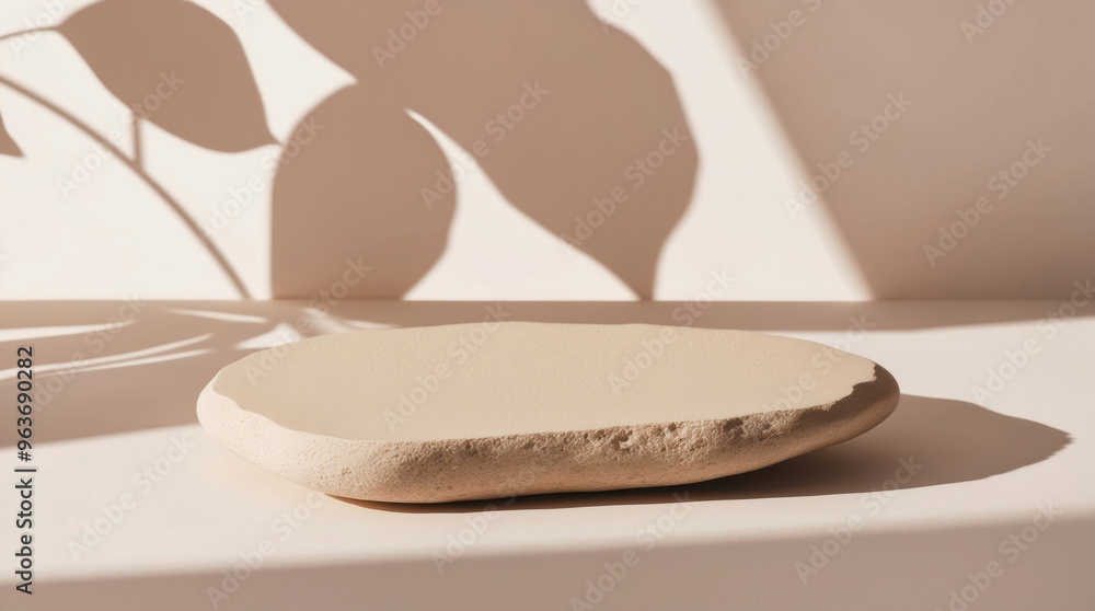 Obraz premium Abstract empty beige stone with leaves shadows on beige background. Soft light, serene and natural atmosphere. Minimalism concept
