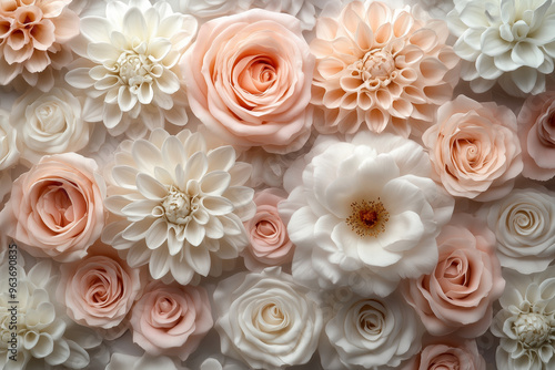 A beautiful assortment of pastel-colored roses and dahlias in shades of soft peach, cream, and white