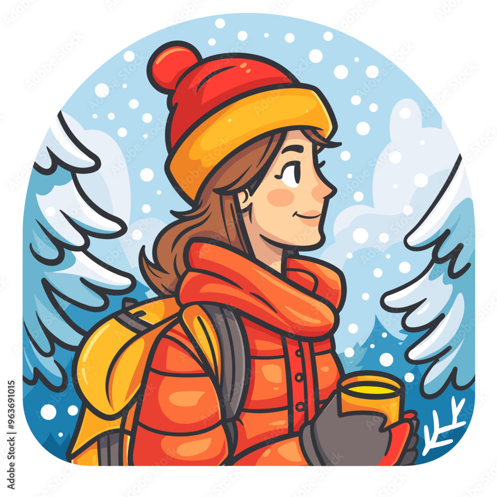 Winter tourist girl with a cup of hot drink. Vector illustration. Winter tourist girl with a cup of hot drink. Vector illustration.