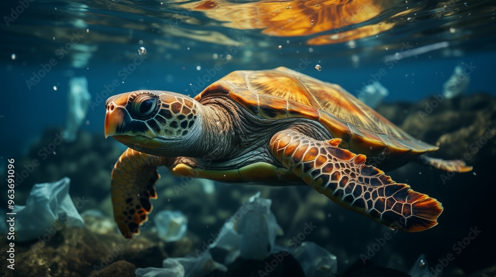 Fototapeta premium Turtle swims near a plastic bag. Plastic pollution in ocean, fighting for a clean ocean concept.