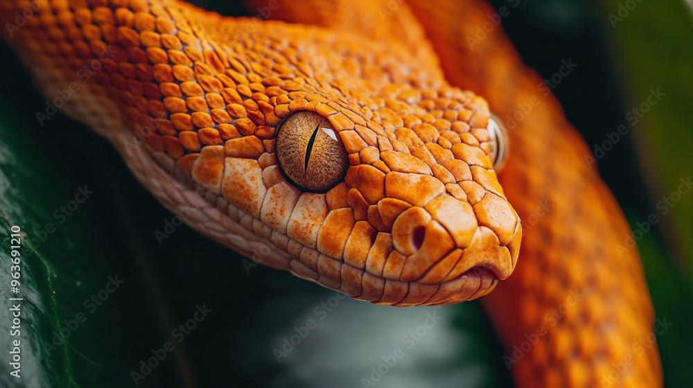 Fototapeta premium A closeup of a snakes head resting on a vibrant green leaf