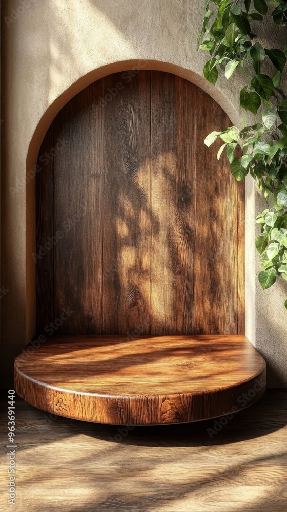 Fototapeta premium An empty wooden display stand under an arch, bathed in natural light, perfect as a stylish background for product showcases.