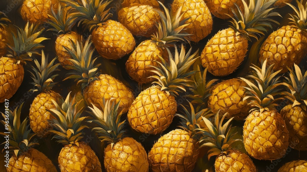 A vibrant arrangement of ripe pineapples on a dark background A vibrant arrangement of ripe pineapples on a dark background