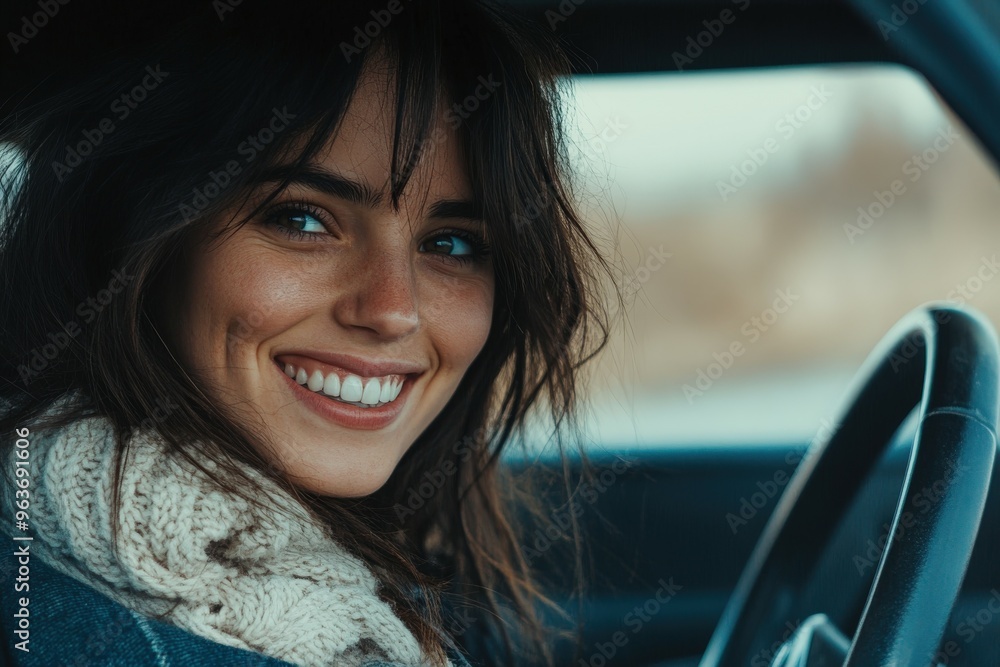 Young woman smiling while sitting in a car on a sunny day outdoors Young woman smiling while sitting in a car on a sunny day outdoors