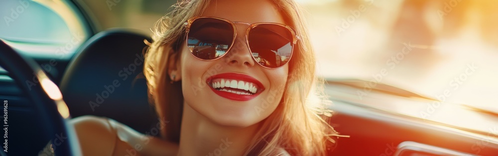 Happy woman enjoying a sunny drive with sunglasses and a bright smile Happy woman enjoying a sunny drive with sunglasses and a bright smile