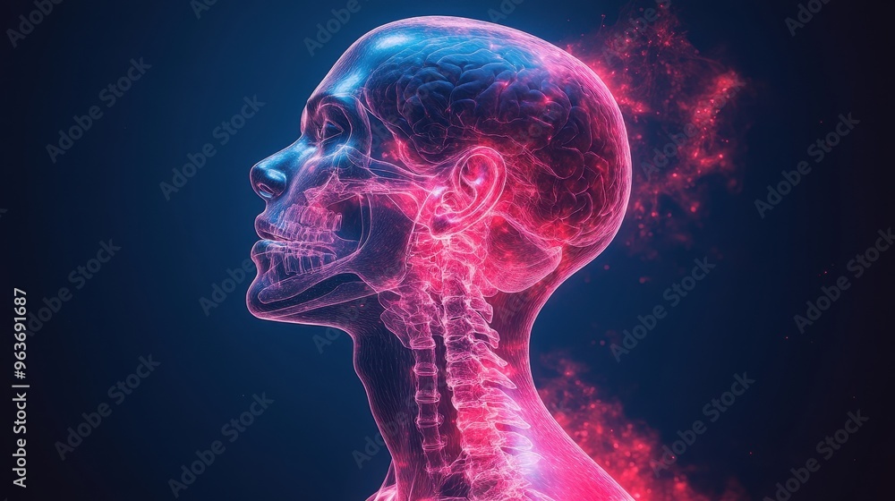 3D X-Ray Image of Human Head with Neck Pain, Blue Background, Side View, Glowing Style
3D X-Ray Image of Human Head with Neck Pain, Blue Background, Side View, Glowing Style