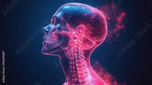 3D X-Ray Image of Human Head with Neck Pain, Blue Background, Side View, Glowing Style