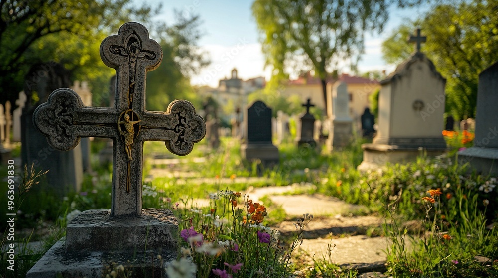 Madrid, Spain; 6th June 2021: Crosses in the foreground and tombstones in the background of the old cemetery of San Isidro in Madrid, Spain. generative ai Madrid, Spain; 6th June 2021: Crosses in the foreground and tombstones in the background of the old cemetery of San Isidro in Madrid, Spain. generative ai