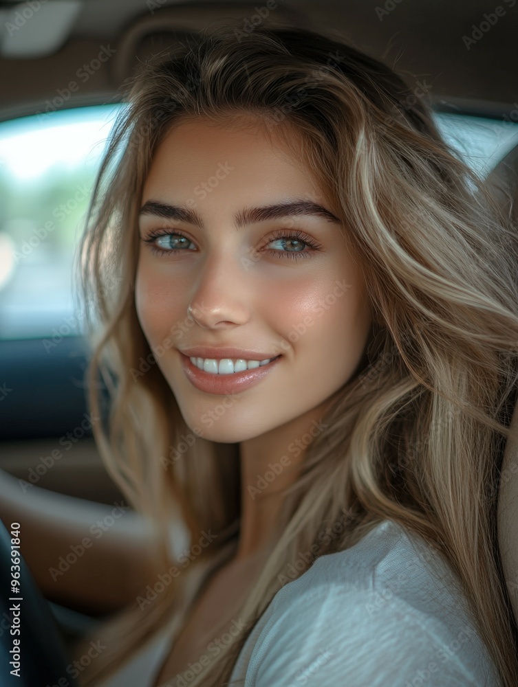 Young woman smiles while sitting in a car on a sunny day Young woman smiles while sitting in a car on a sunny day