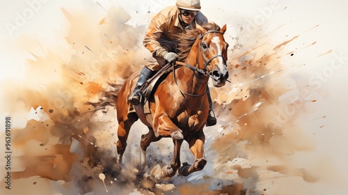 Watercolor illustration of a jockey riding at a gallop on a brown mare, isolated on white background.