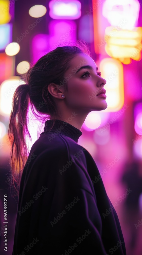 Young woman gazing thoughtfully in vibrant neon-lit city at night Young woman gazing thoughtfully in vibrant neon-lit city at night