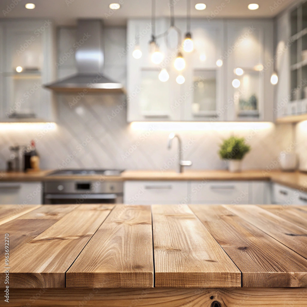 Kitchen Table Background with a Wooden Countertop and Blurred View a Stylish and Functional Setting Highlighting Natural Wood and a Soft, Out-of-Focus Backdrop. Kitchen Table Background with a Wooden Countertop and Blurred View a Stylish and Functional Setting Highlighting Natural Wood and a Soft, Out-of-Focus Backdrop.