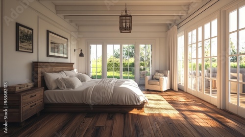 Farmhouse interior design of modern bedroom with hardwood floor