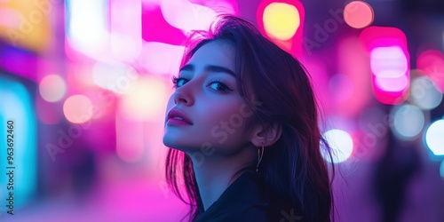 Young woman gazing thoughtfully in vibrant city lights at night