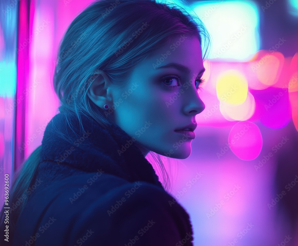 Young woman with striking profile against vibrant neon lights at night Young woman with striking profile against vibrant neon lights at night