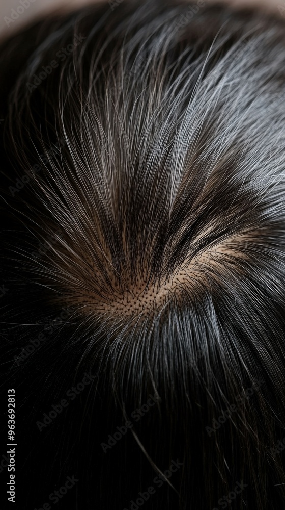 Top view of a person's scalp with well-groomed dark hair strands Top view of a person's scalp with well-groomed dark hair strands
