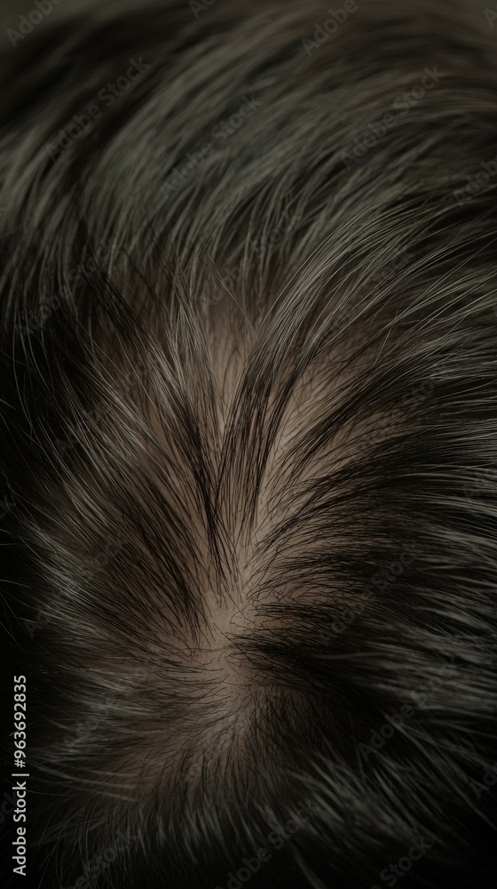 Close-up view of a person's scalp and dark hair strands during daylight Close-up view of a person's scalp and dark hair strands during daylight