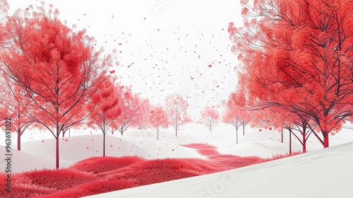 A peaceful scene of red trees in a misty setting, creating a calm and serene atmosphere. photo