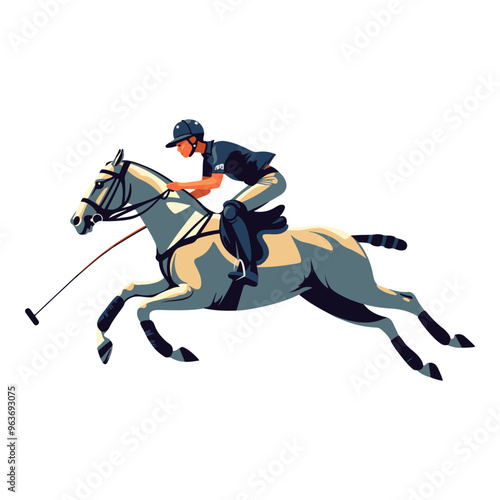 Illustration of a polo player riding a horse and striking the ball in mid-action during a game