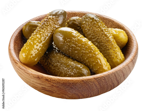 Marinated pickled cucumbers are displayed on a white background, showcasing their vibrant color
 photo