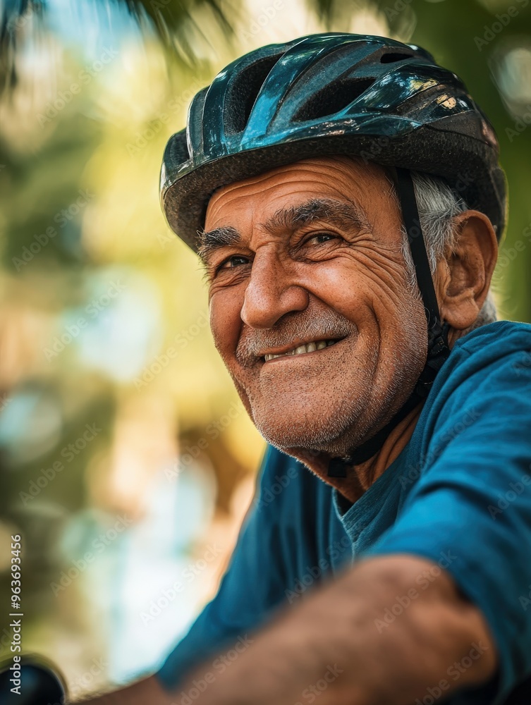 Elderly man smiles while cycling in a park during a sunny afternoon Elderly man smiles while cycling in a park during a sunny afternoon