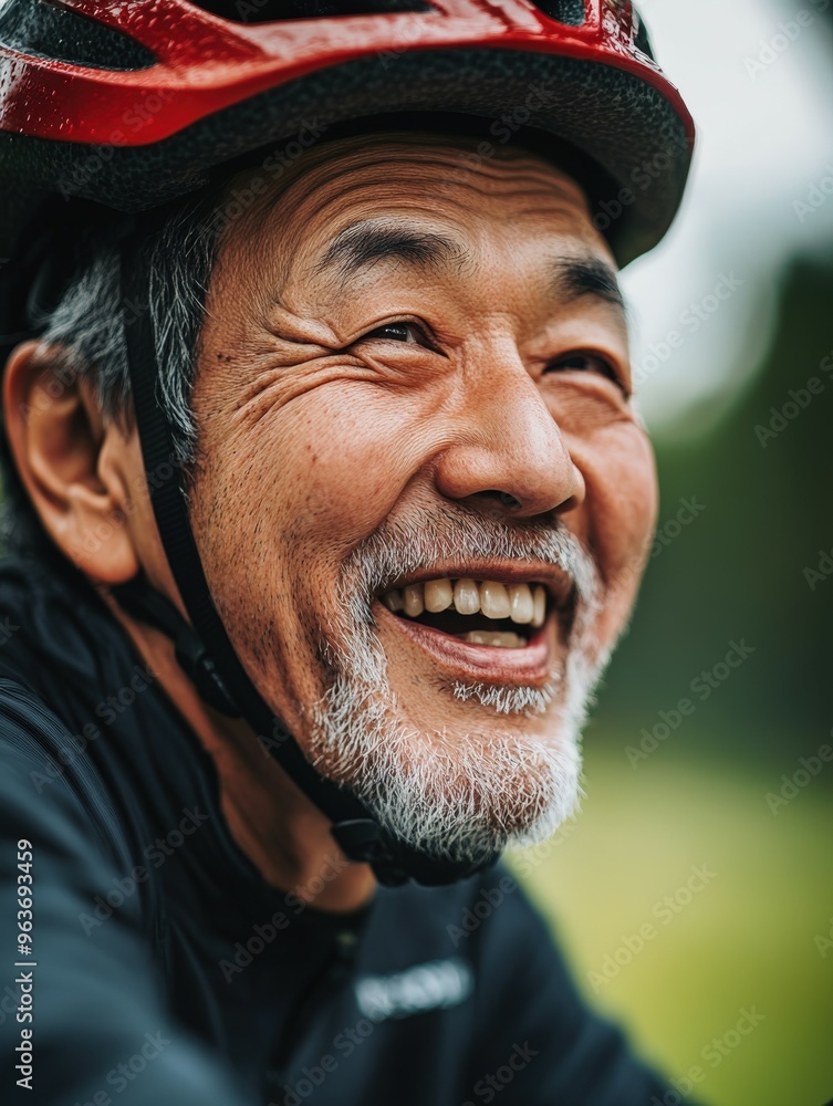 Elderly man smiling while biking in a lush green park during daytime Elderly man smiling while biking in a lush green park during daytime