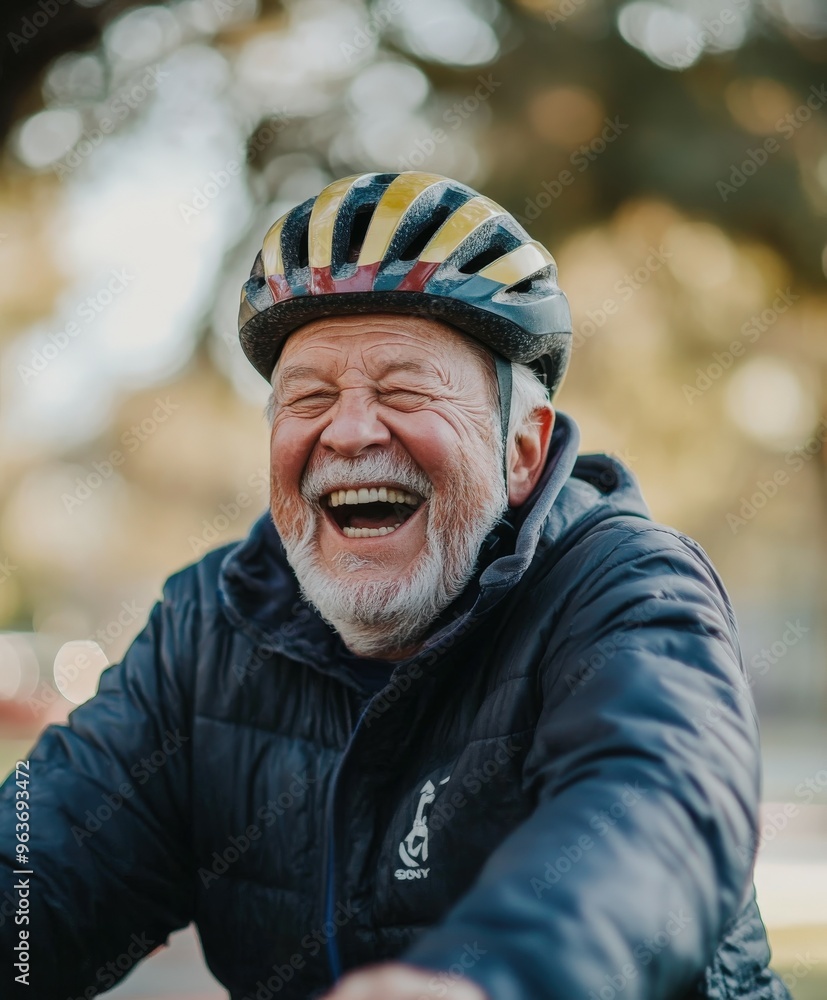Joyful elderly man laughing while riding a bicycle outdoors in autumn Joyful elderly man laughing while riding a bicycle outdoors in autumn